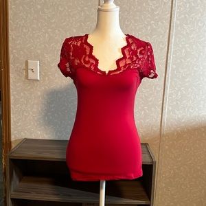 Ambiance short sleeve fitted shirt with lace neck and sleeves